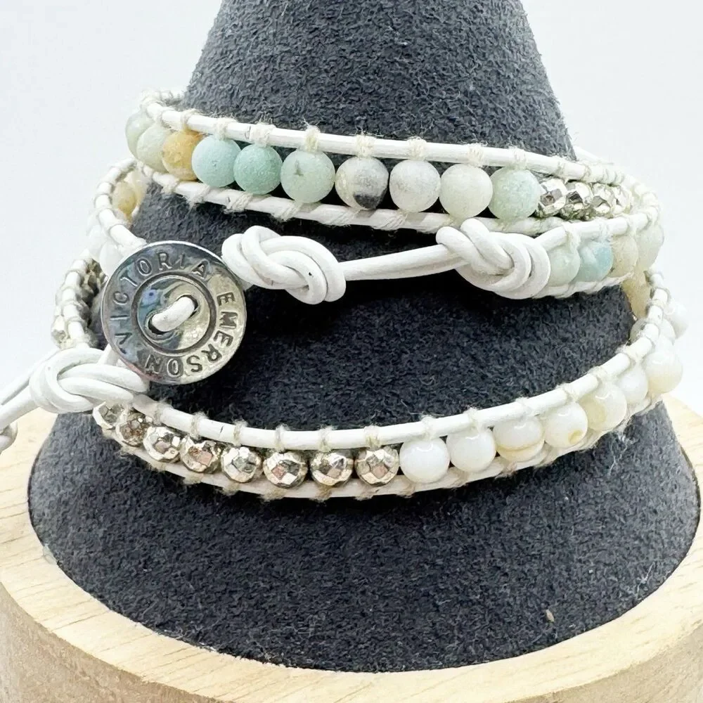 Victoria Emerson White Wrap Bracelet Muted Neutral Teal Stone And Silver Beads
